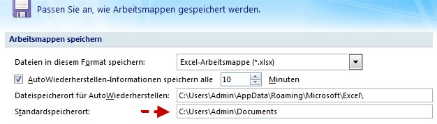 Excel Standardspeicherort